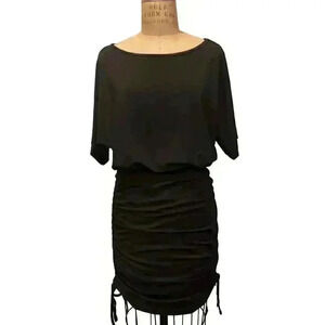 Women's Black Blouson Short Sleeve Ruched Tie Sides Mini Dress NWT Size L